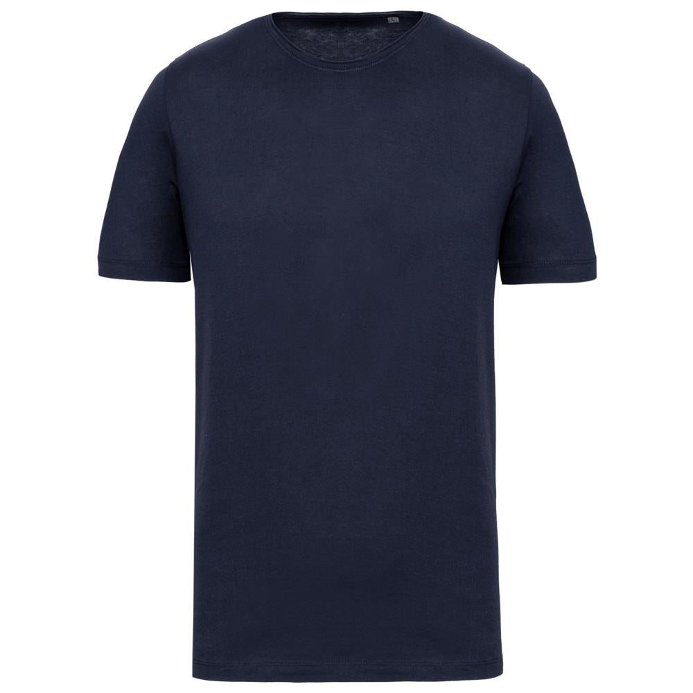 Organic T-shirt collar with raw edge short sleeves