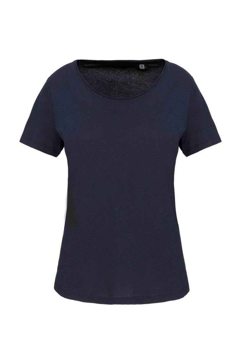 Bio dames-T-shirt kraag met onafgewerkte rand korte mouwen