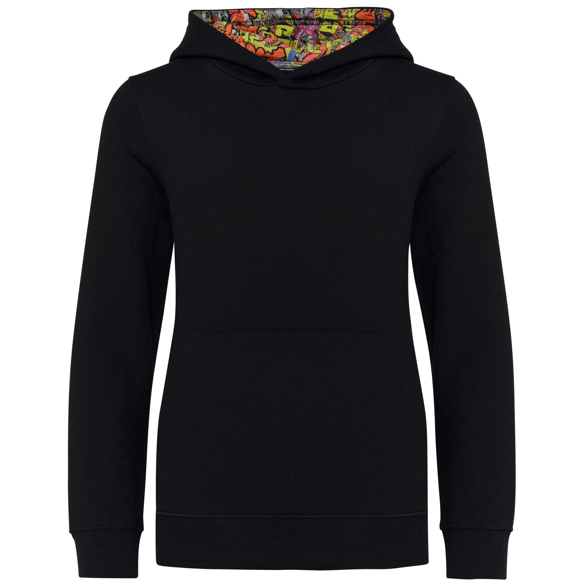 Unisex kindersweater met contrasterende capuchon met motief