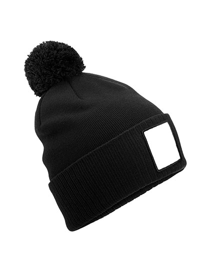 Appliqué Patch Pom Beanie - Black/White